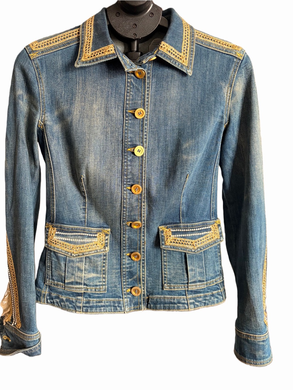 Denim Embellished Jacket | Lace, Beaded & Crochet Trim | Boho Chic | Size S